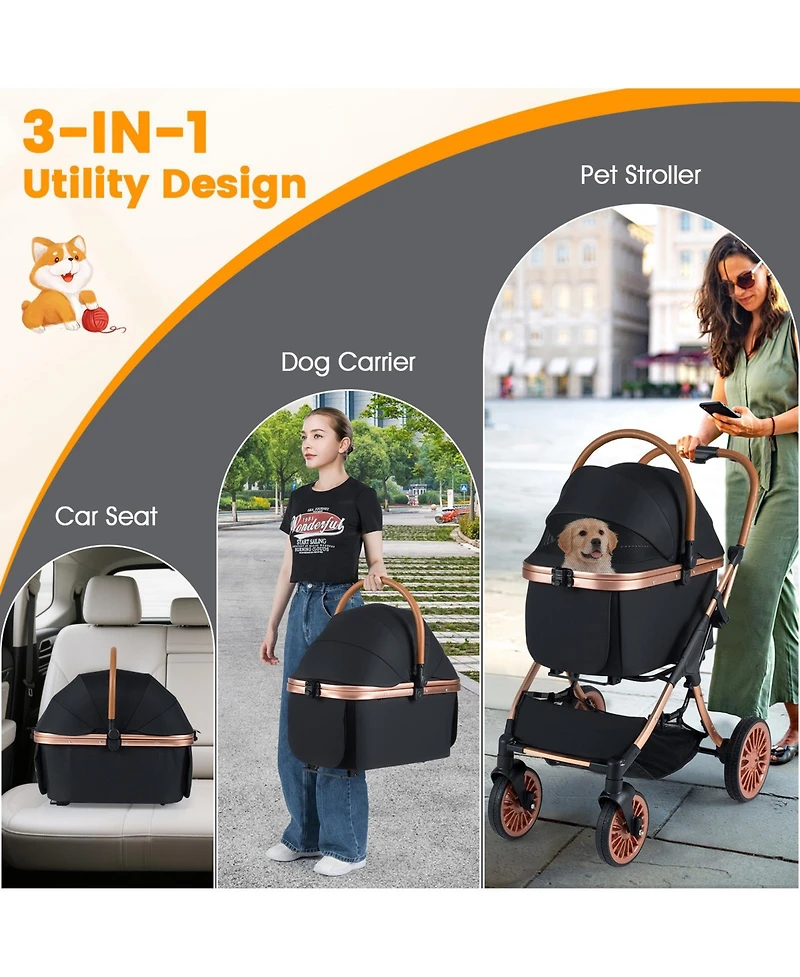 Cozito Foldable 3-in-1 Pet Stroller with Sun Shade Safety Belt