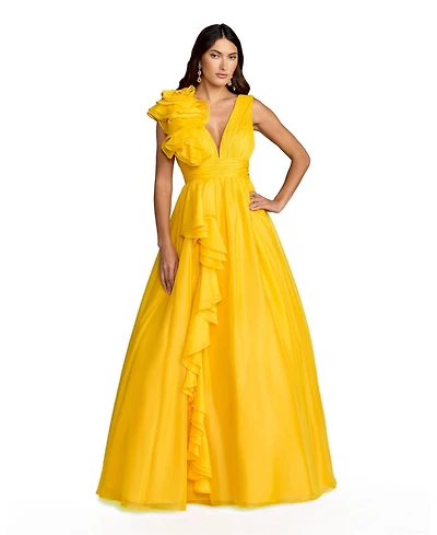 Women's One-Shoulder Ruffle Ball Gown with Plunging V-Neck