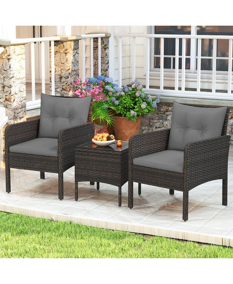 Gouun 3-Piece Compact Pe Wicker Patio Set with Cushions for Porch and Balcony
