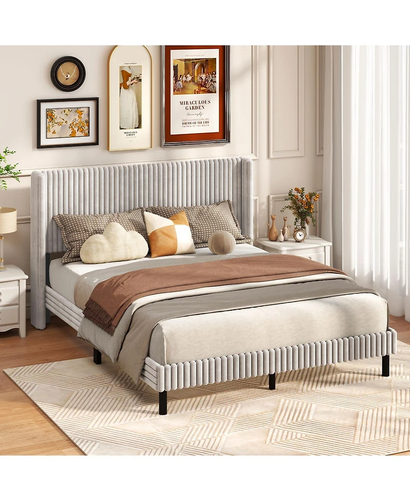 Sugift Queen Size Velvet Bed Frame with Vertical Channel Tufted Wingback Headboard