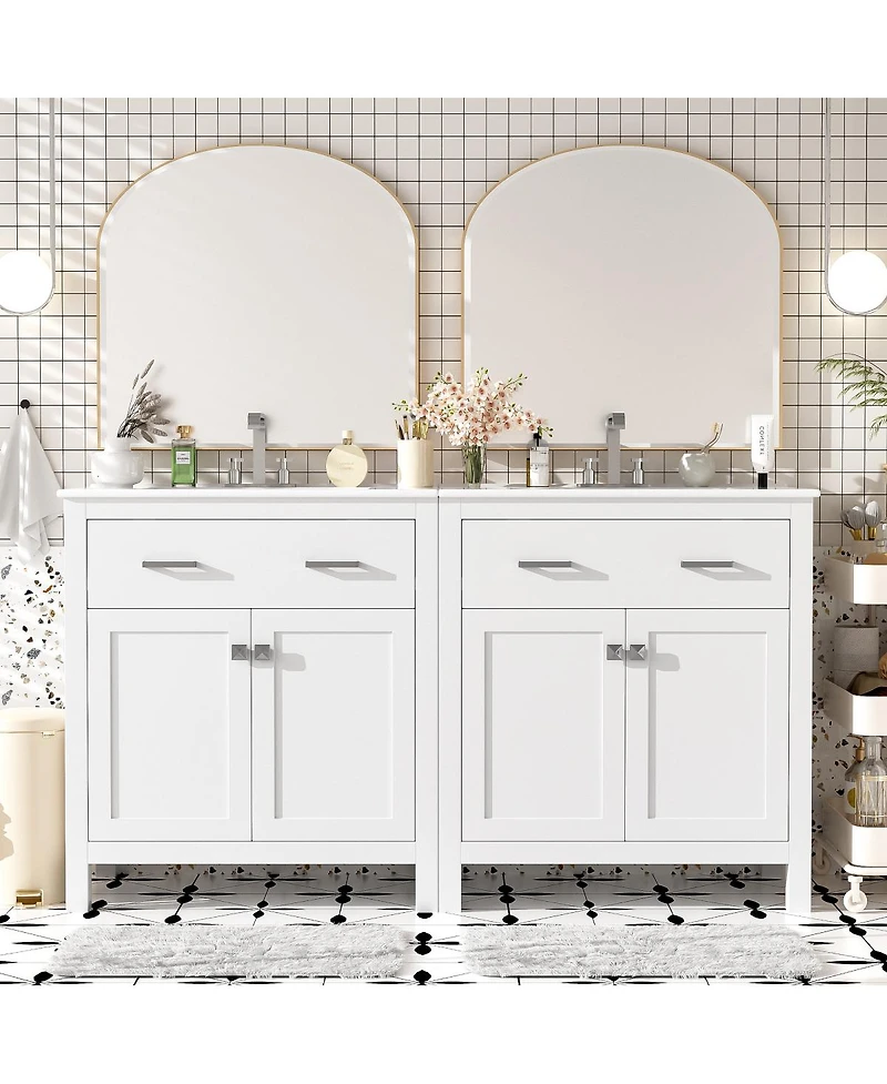 Sillysis 60 Inch Double Sink Bathroom Vanity with Ceramic Sinks, Solid Wood Frame, Flip-Out Drawer and Adjustable Shelf
