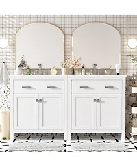Sillysis 60 Inch Double Sink Bathroom Vanity with Ceramic Sinks, Solid Wood Frame, Flip-Out Drawer and Adjustable Shelf