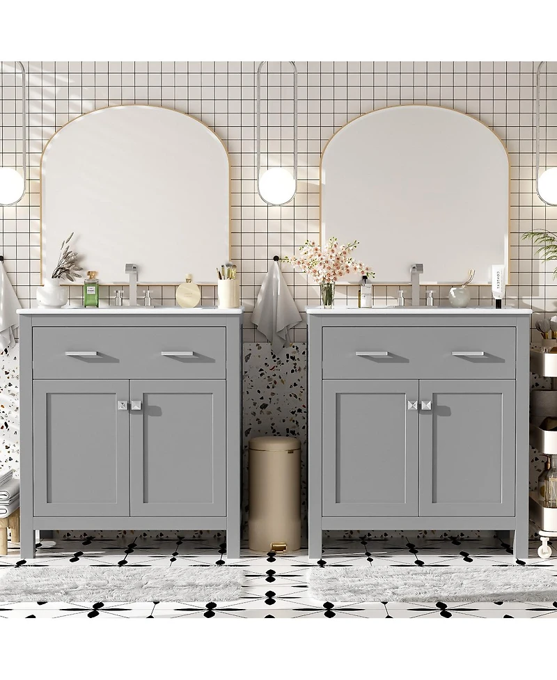Sillysis 60 Inch Double Sink Bathroom Vanity with Ceramic Sinks, Solid Wood Frame, Flip-Out Drawer and Adjustable Shelf