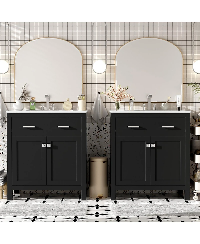 Sillysis 60 Inch Double Sink Bathroom Vanity with Ceramic Sinks, Solid Wood Frame, Flip-Out Drawer and Adjustable Shelf