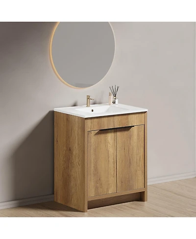 Busdays 30 Inch Floor Standing Bathroom Vanity with 3D Grooved Panel Integrated Ceramic Sink Modern Freestanding Cabinet