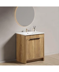 Busdays 30 Inch Floor Standing Bathroom Vanity with 3D Grooved Panel Integrated Ceramic Sink Modern Freestanding Cabinet