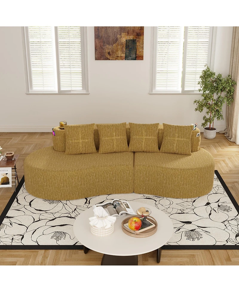 Rainsken Half Moon 3-Seater Sofa, Modern Modular Sectional Couch in Chenille Fabric, Featuring 2 Cup Holders and Side Storage Pockets for Home Use