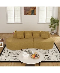 Rainsken Half Moon 3-Seater Sofa, Modern Modular Sectional Couch in Chenille Fabric, Featuring 2 Cup Holders and Side Storage Pockets for Home Use