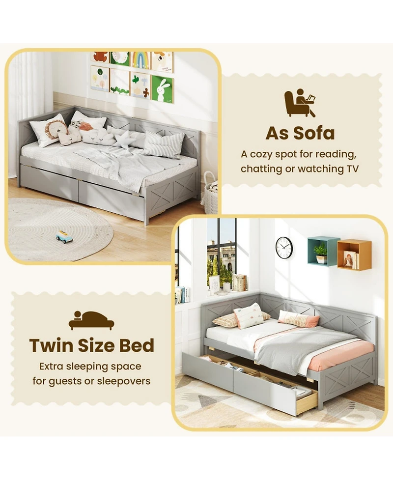 Gouun Pine Wood Twin Daybed with Storage Drawers