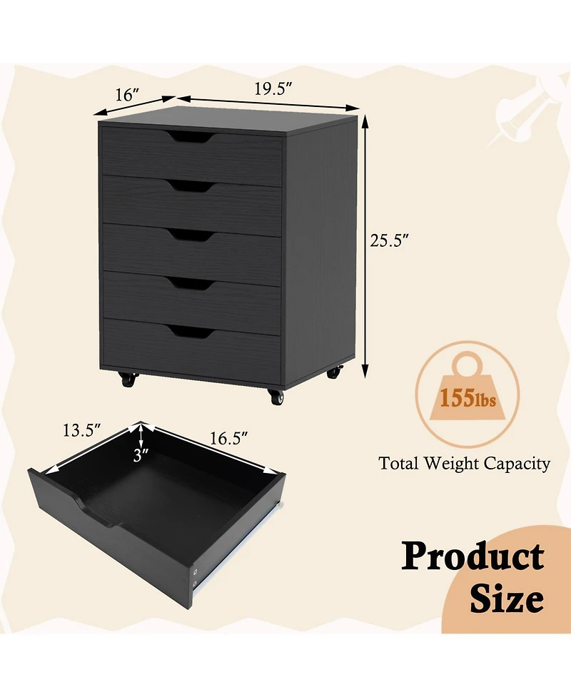 Sugift 5 Drawer Mobile File Cabinet with Wheels for Living Room