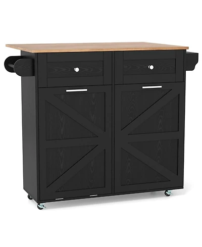 Sugift Rolling Kitchen Island with Trash Can Cabinet and Rubber Universal Wheels