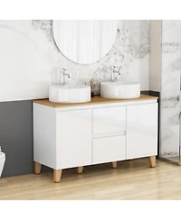 Sillysis Double Bathroom Vanity with Solid Wood Top, Round Ceramic Sinks, Glossy Cabinet, Soft-Close Storage for Large Spaces