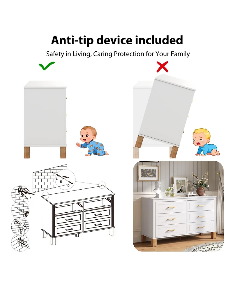 Rainsken Home Storage Chest of Drawers, Modern 6-Drawer Dresser with Metal Handles and Durable Solid Wood Legs for Bedroom