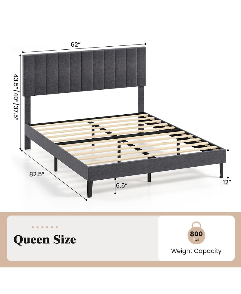 Sugift Queen Size Velvet Upholstered Platform Bed with Height Adjustable Vertical Channel Headboard