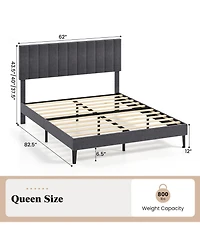 Sugift Queen Size Velvet Upholstered Platform Bed with Height Adjustable Vertical Channel Headboard