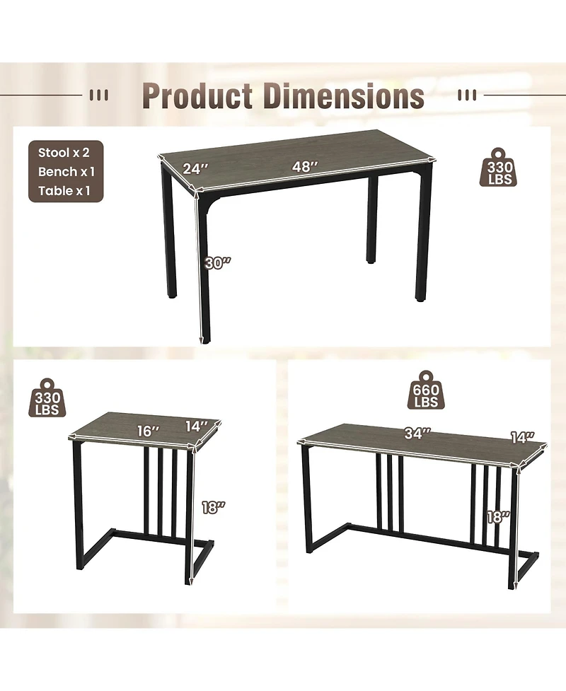 Sugift 4 Pieces Space-Saving Dining Table Set with Bench and 2 Stools-Oak