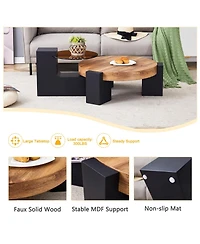 Rainsken Modern 2-Tier Coffee Table, Round Wooden Top with Black Block Legs and Glass Side Table for Living Room, Apartment