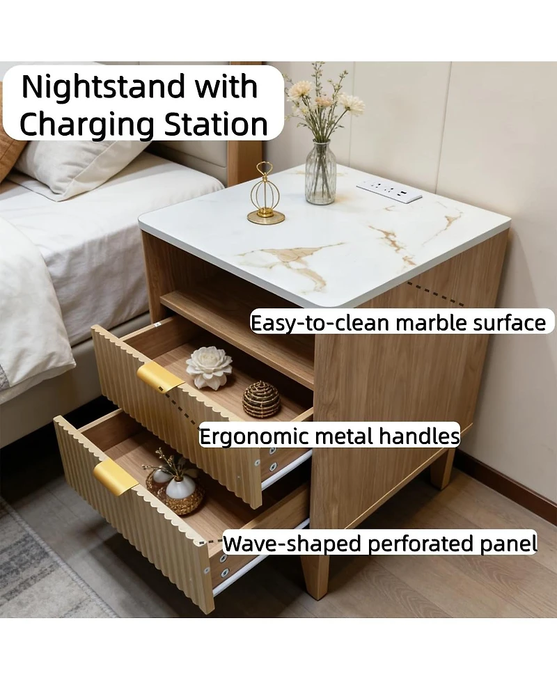 gaomon 18" Small Nightstand for Bedroom, 2 Drawer Bedside Table, Faux Marble Top, Curved Oak Finish