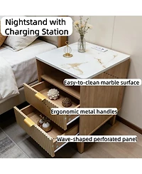 gaomon 18" Small Nightstand for Bedroom, 2 Drawer Bedside Table, Faux Marble Top, Curved Oak Finish