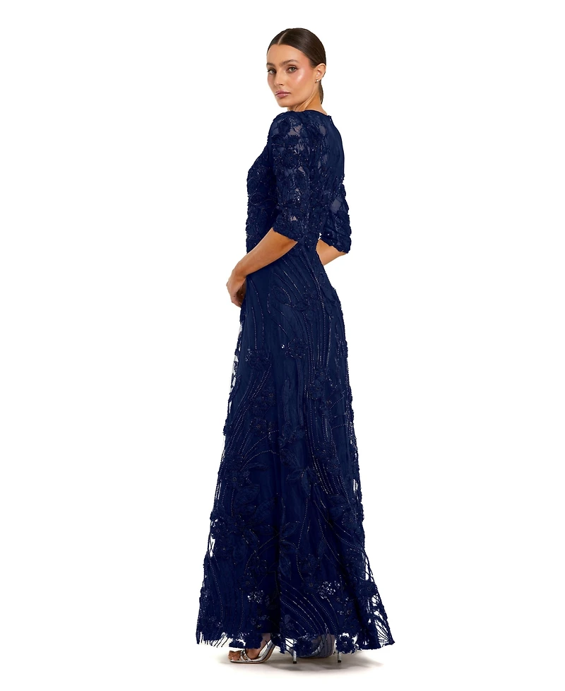 Mac Duggal Women's High Neck Embellished Lace Gown with 3/4 Sleeves