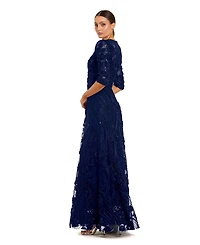 Mac Duggal Women's High Neck Embellished Lace Gown with 3/4 Sleeves