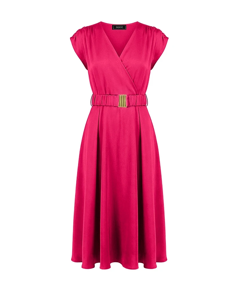 Ivonne Women's Sleeveless Midi Satin Dress with Belt