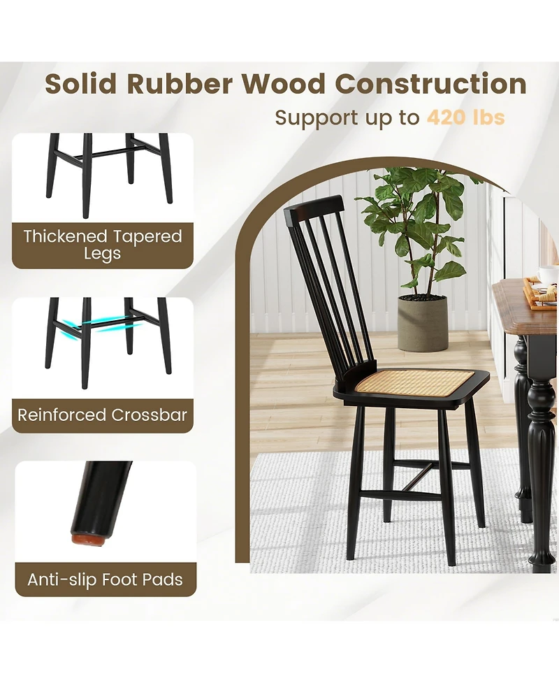 Sugift Farmhouse Solid Rubber Wood Dining Chairs Set of 2 with Pe Rattan Seats