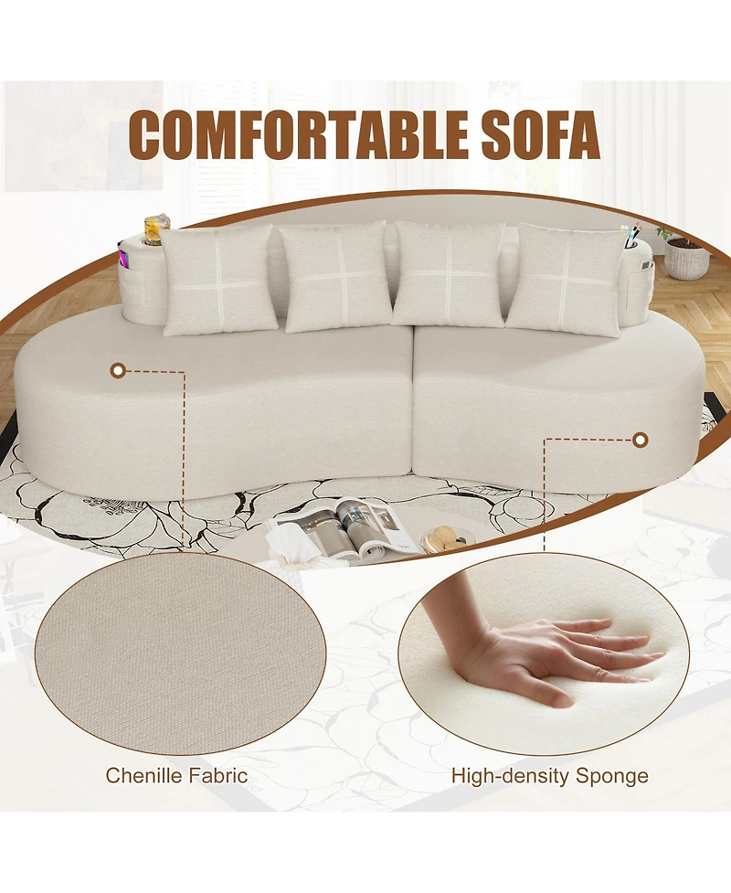 Rainsken Modern Curved Modular Sectional Sofa, 3-Seater Half Moon Couch with Chenille Fabric, 2 Cup Holder and Side Pockets for Living Room