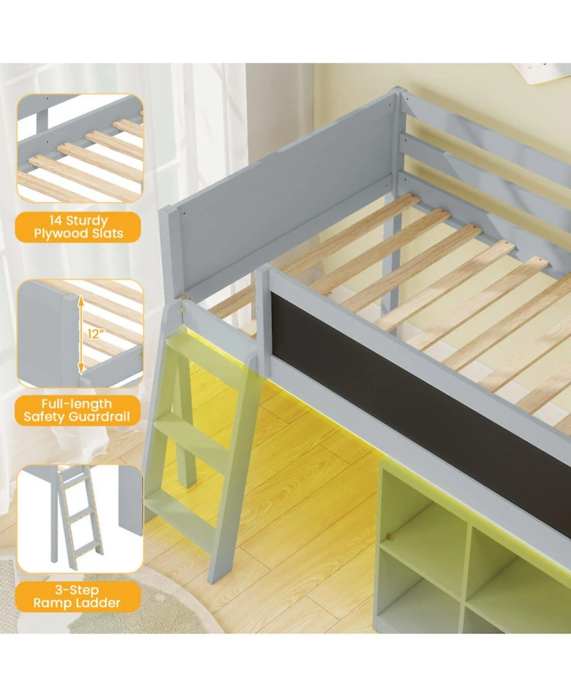 Gouun Twin Size Loft Bed with Led Lights and Storage Shelves
