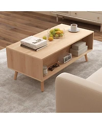 Sugift Rattan Coffee Table Mid Century Modern Center Table with 2 Storage Drawers-Natural