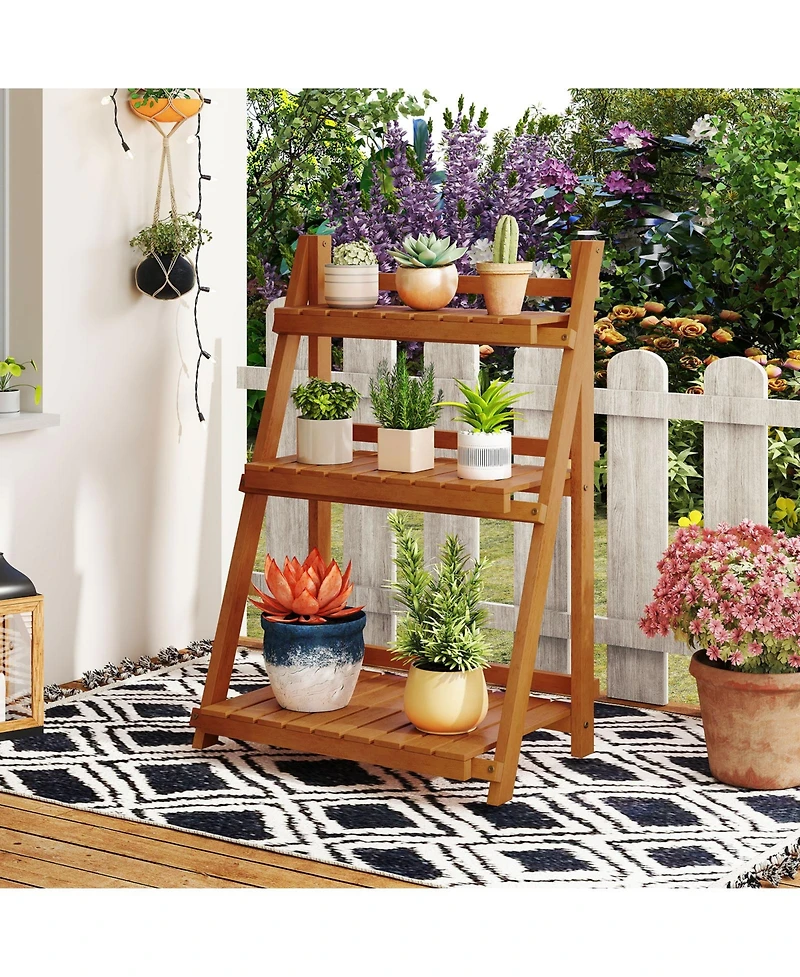Sugift Foldable Three Tier Solid Wood Plant Stand for Patio