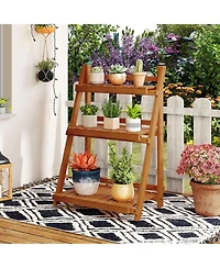Sugift Foldable Three Tier Solid Wood Plant Stand for Patio
