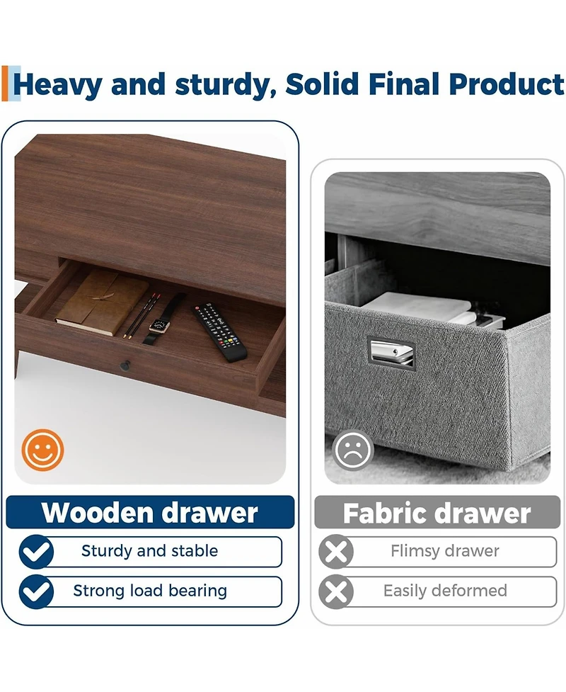 gaomon Walnut Coffee Table with Drawer, 47.2" Center Table with Storage Shelf, Rustic Coffee Tables Long Living Room Furniture