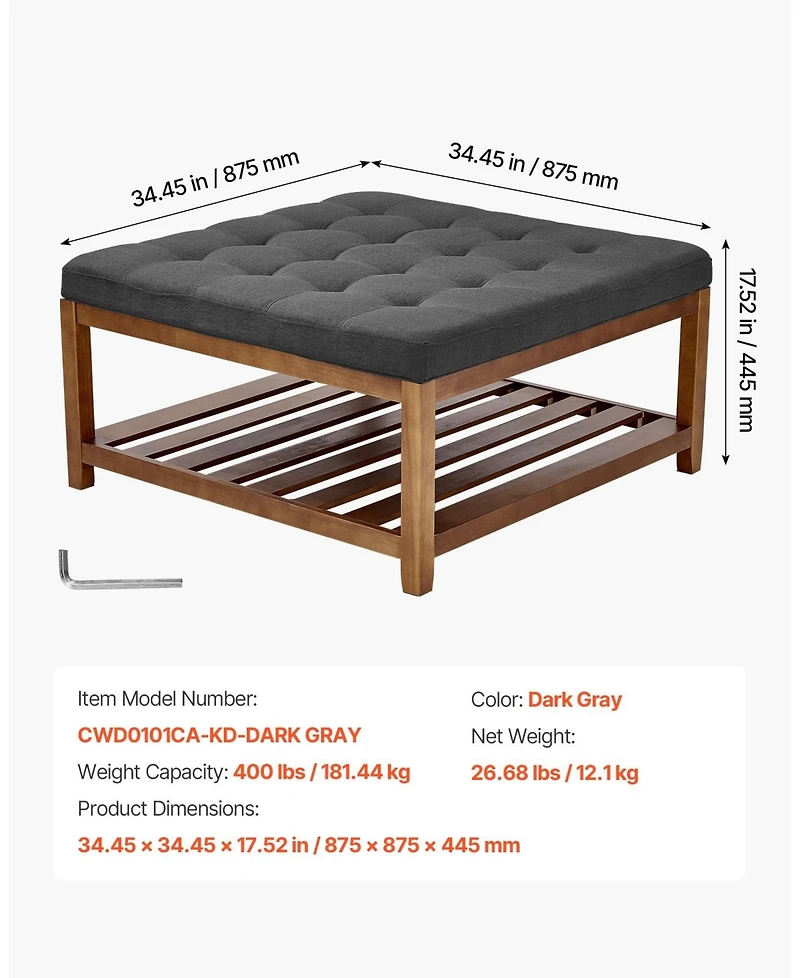Sugift Large Square Ottoman Coffee Table, 34.5" Tufted with Wood Shelf Storage