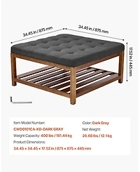 Sugift Large Square Ottoman Coffee Table, 34.5" Tufted with Wood Shelf Storage