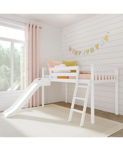 Max & Lily Twin Size Low Loft Bed with Slide, Solid Wood Kids Platform Bed with 14" Guardrails