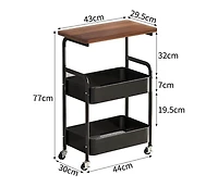 gaomon 3-Tier Rolling Cart w/Wooden Tabletop, Utility Cart w/Lockable Wheels, Multipurpose Storage Organizer Trolley for Kitchen, Office, Bedroom