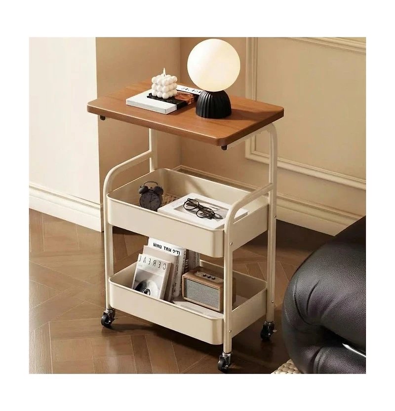 gaomon 3-Tier Rolling Cart w/Wooden Tabletop, Utility Cart w/Lockable Wheels, Multipurpose Storage Organizer Trolley for Kitchen, Office