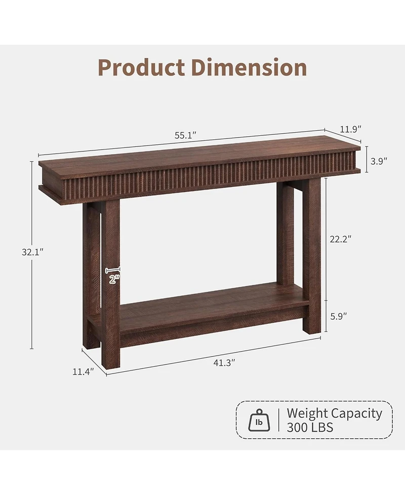 gaomon Farmhouse Fluted Console Table, 2 Tier Wooden Entryway Table with Shelf Storage, Rectangular Narrow Sofa Table Behind Couch