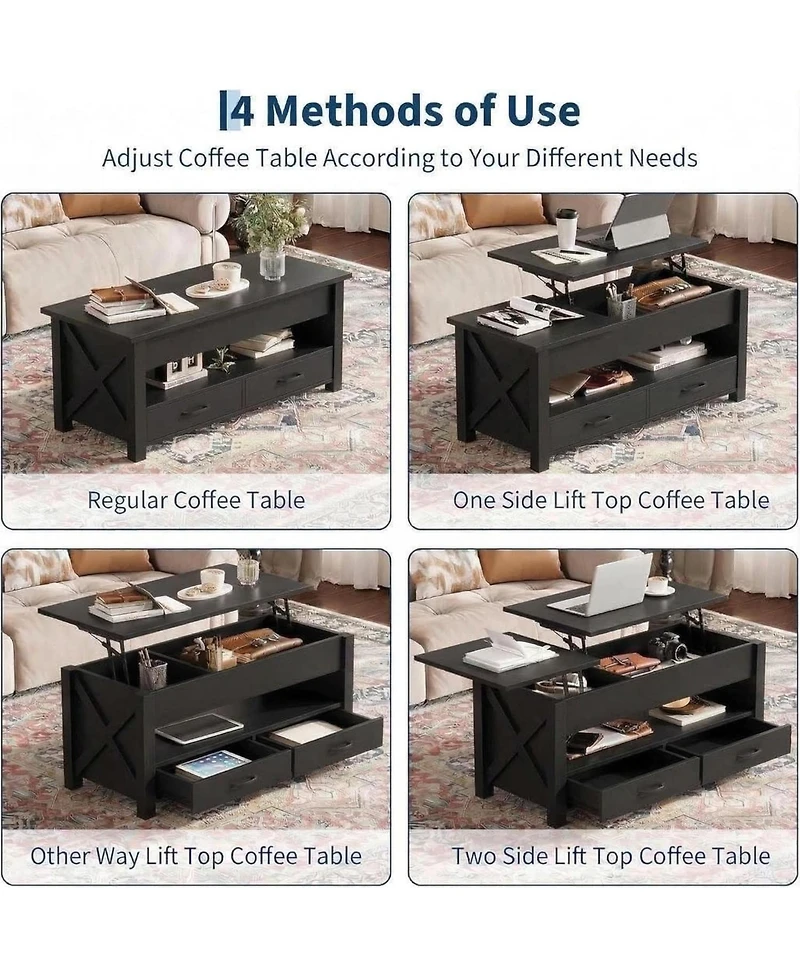 gaomon 47.2'' Lift-Top Coffee Table with Split Lift Design, Storage Shelf, 2 Drawers & Hidden Compartment