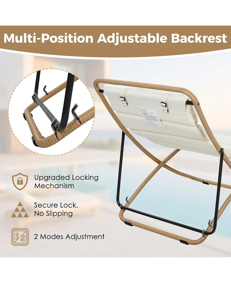 Rainsken 2-Piece Foldable Rattan Lounge Chair Set, Outdoor Reclining Chair with Adjustable Backrest, Thick Cushion and Removable Headrest for Beach