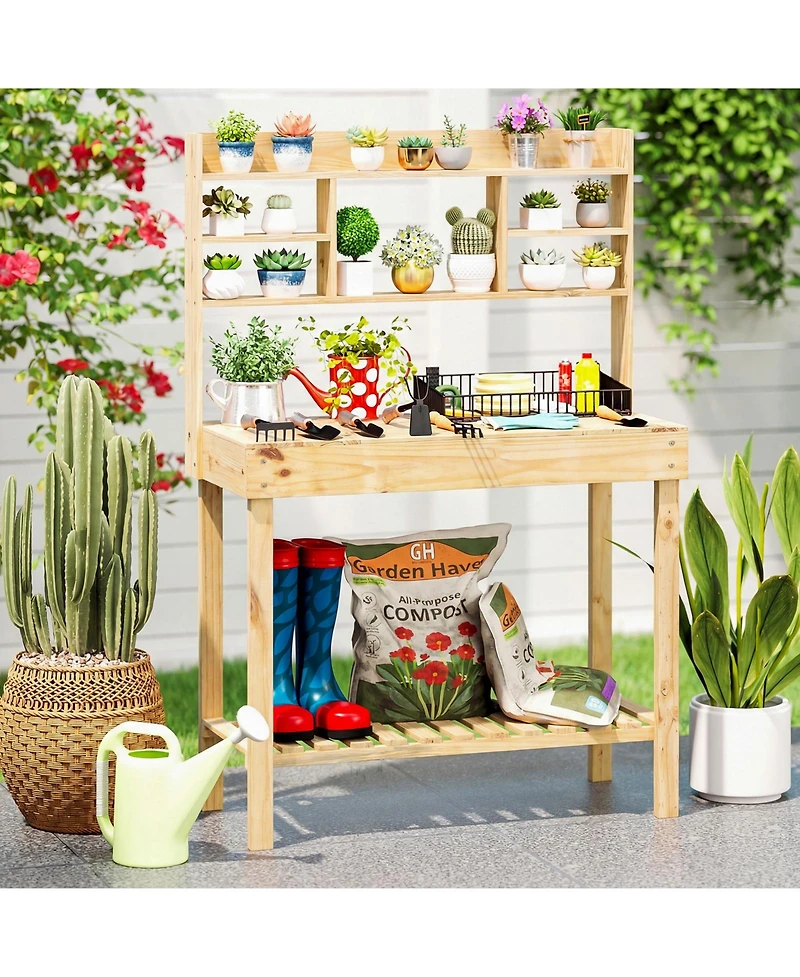 Sugift Wooden Potting Bench Table Garden Planting Workstation with 3-Tier Open Shelf
