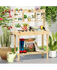 Sugift Wooden Potting Bench Table Garden Planting Workstation with 3-Tier Open Shelf