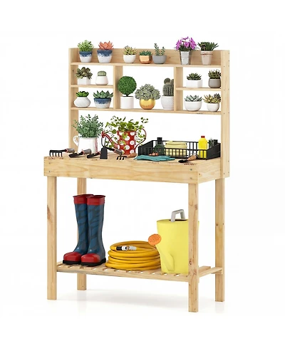 Sugift Wooden Potting Bench Table Garden Planting Workstation with 3-Tier Open Shelf