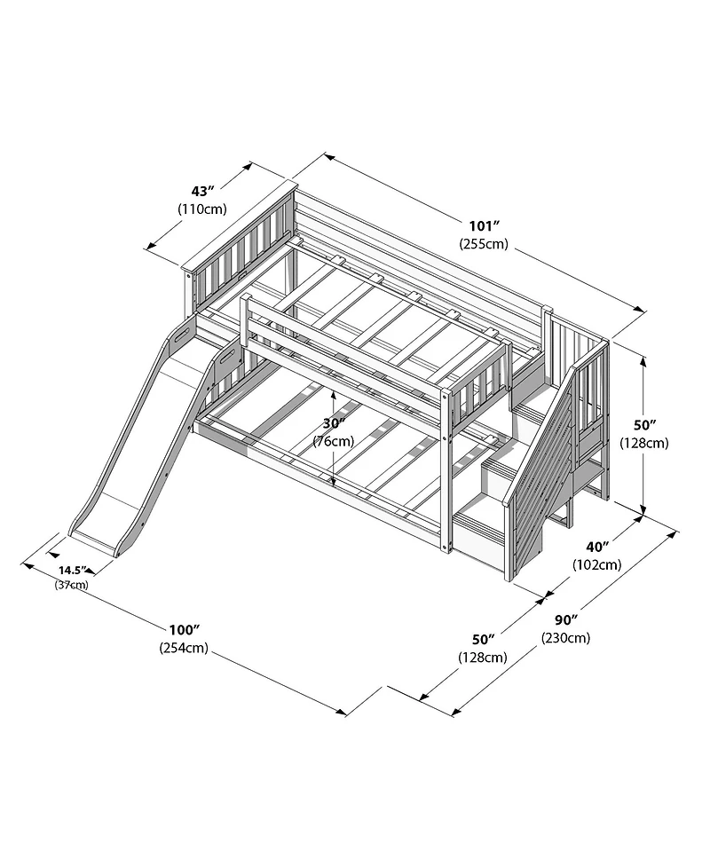 Max & Lily Twin Over Twin Low Bunk Bed with Slide and Stairs, Solid Wood Kids Platform Bed with 14" Guardrails