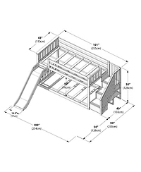 Max & Lily Twin Over Twin Low Bunk Bed with Slide and Stairs, Solid Wood Kids Platform Bed with 14" Guardrails
