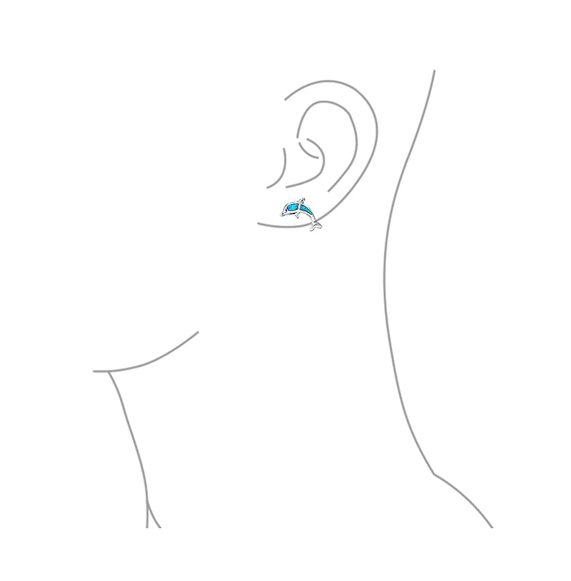 Bling Jewelry Hawaiian Created Blue Opal Inlay Nautical Dolphin Stud Earrings .925 Sterling Silver