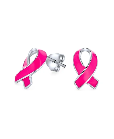 Bling Jewelry Breast Cancer Awareness Ribbon Support Enamel Stud Earrings .925 Sterling Silver