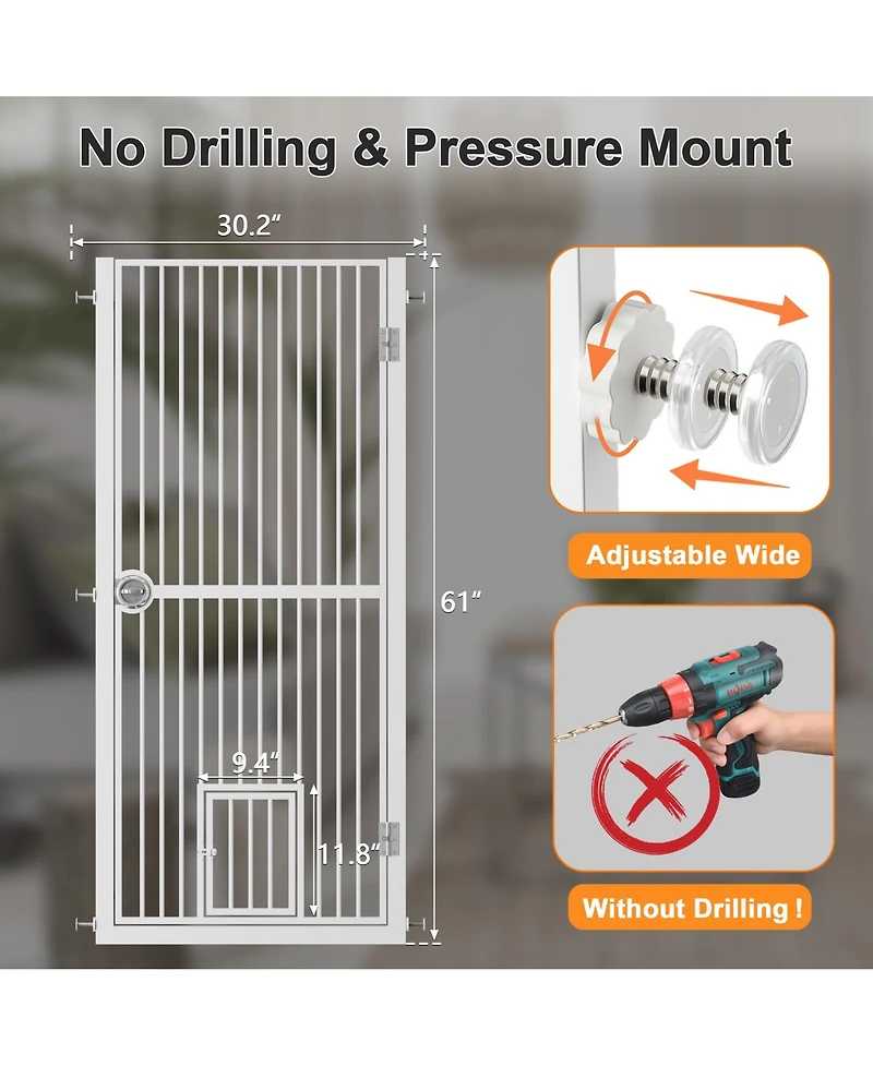 Aostirmotor 61" Extra Tall Pet Gate, adjustable built-in cat door, pressure mount no drilling, ideal for doorways and kitchen