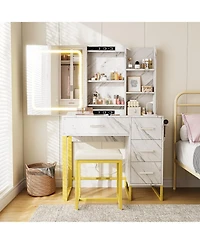 Homfan Modern Makeup Vanity Desk with Led Mirror, Charging Station, 4 Drawers, Storage Shelves & Cushioned Stool